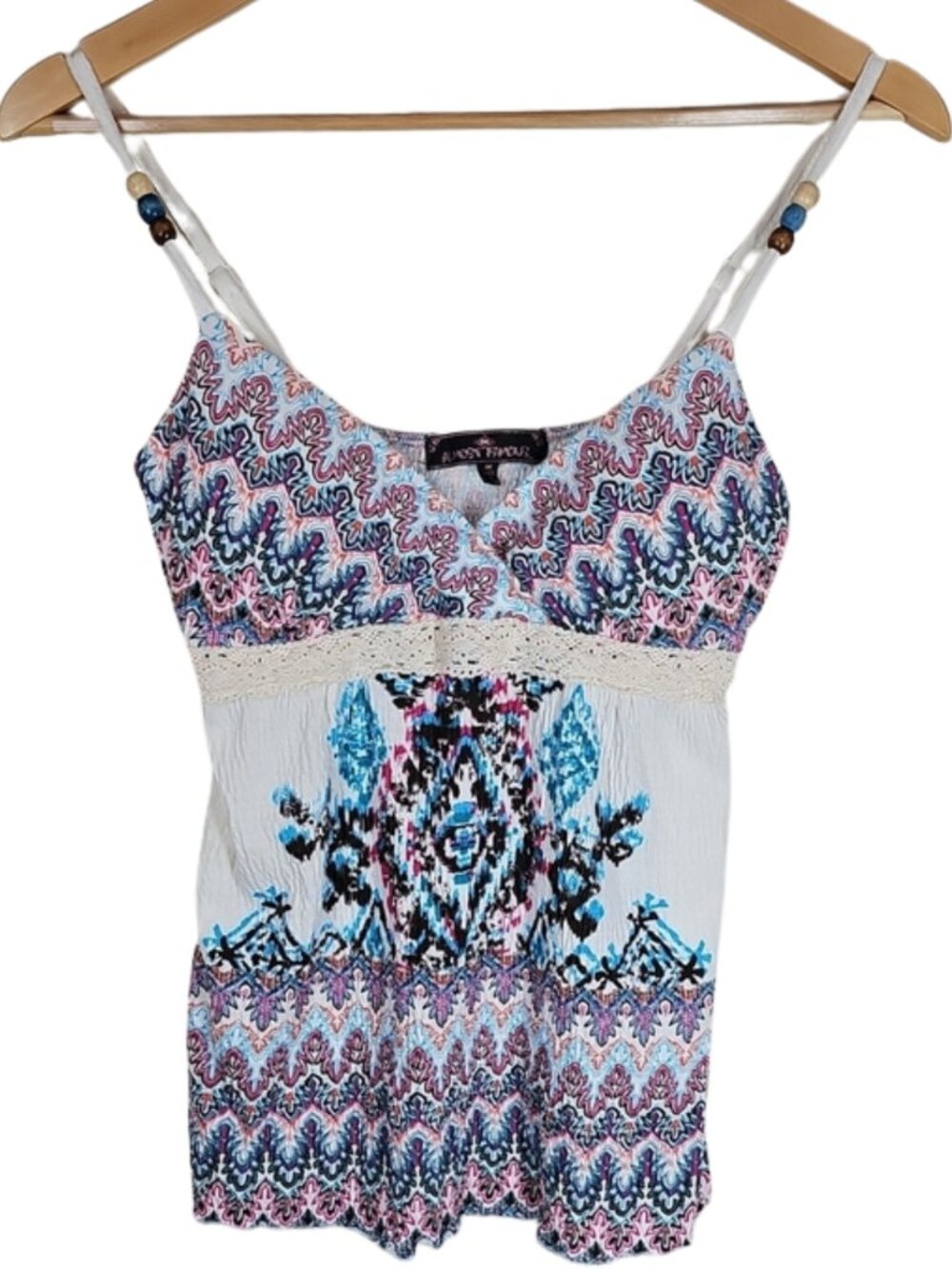 Almost Famous Boho Tribal Print Smocked Cami Top M Beaded Straps Cottagecore